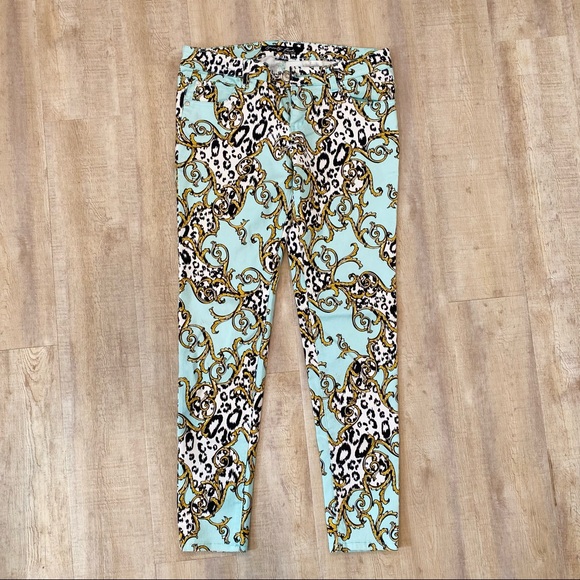 Celebrity Pink Robins Egg Blue Jeans with Gold and Leopard Print Detail - Picture 1 of 8